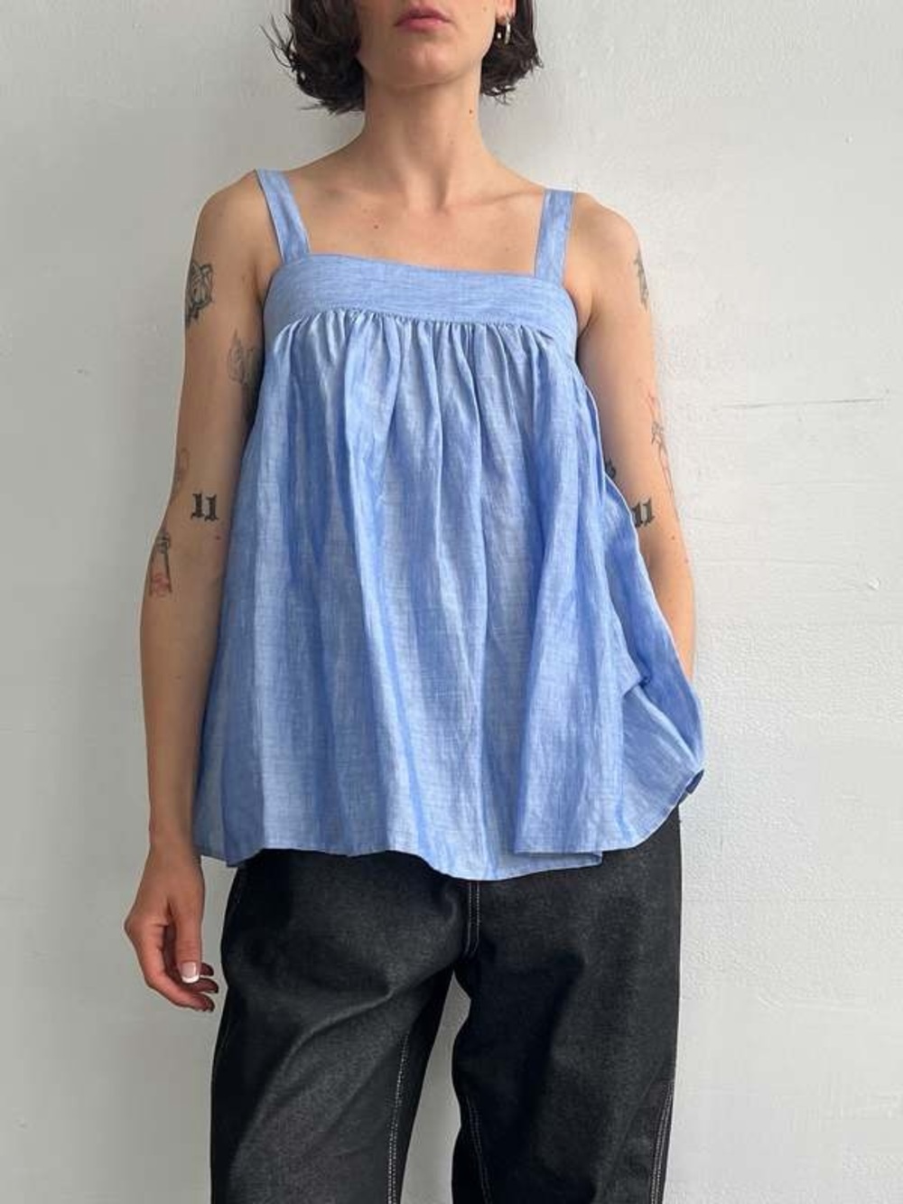 CO Light Blue Linen-Blend Babydoll Tank Top
